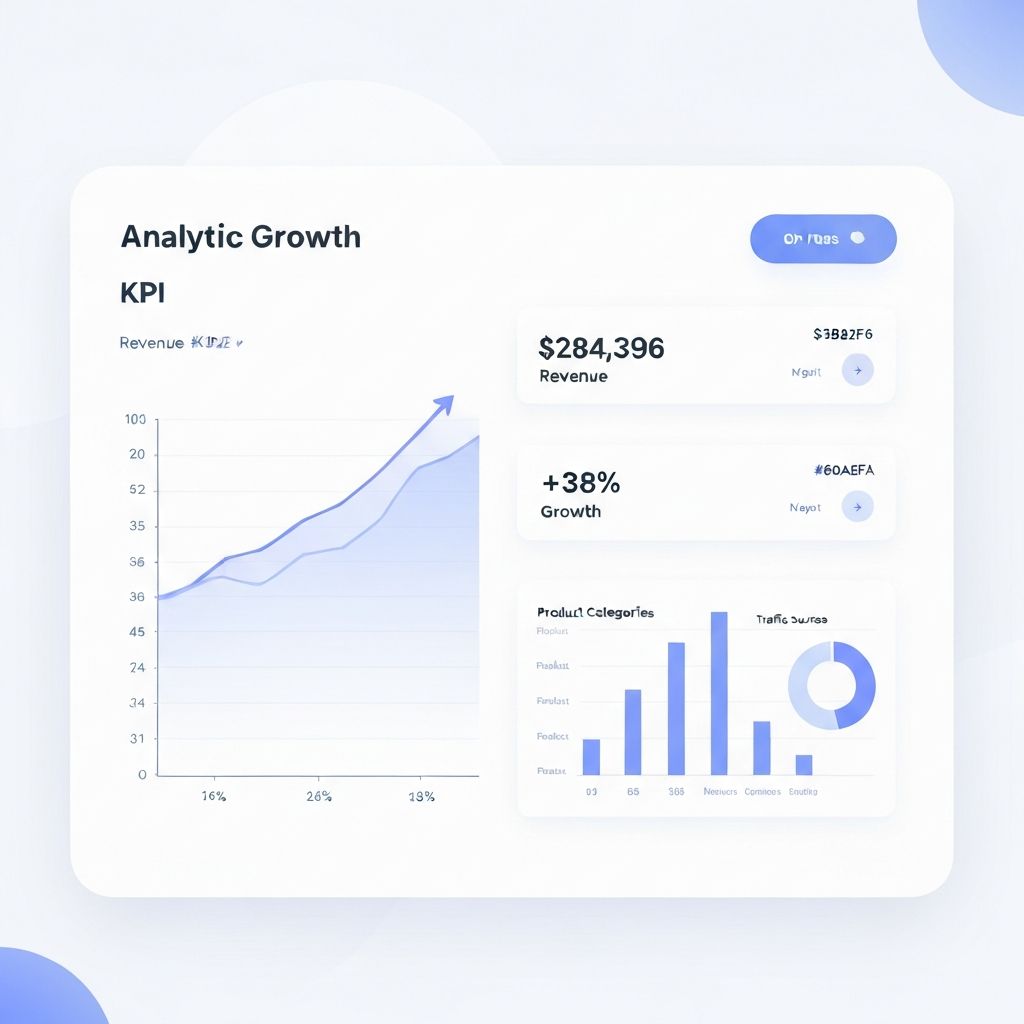 Analytics dashboard showing eBay store revenue growth, category sales, and traffic sources